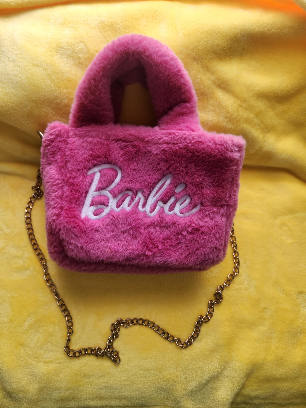 Barbie Pink Faux Fur Mini Tote Bag with Gold Chain Strap